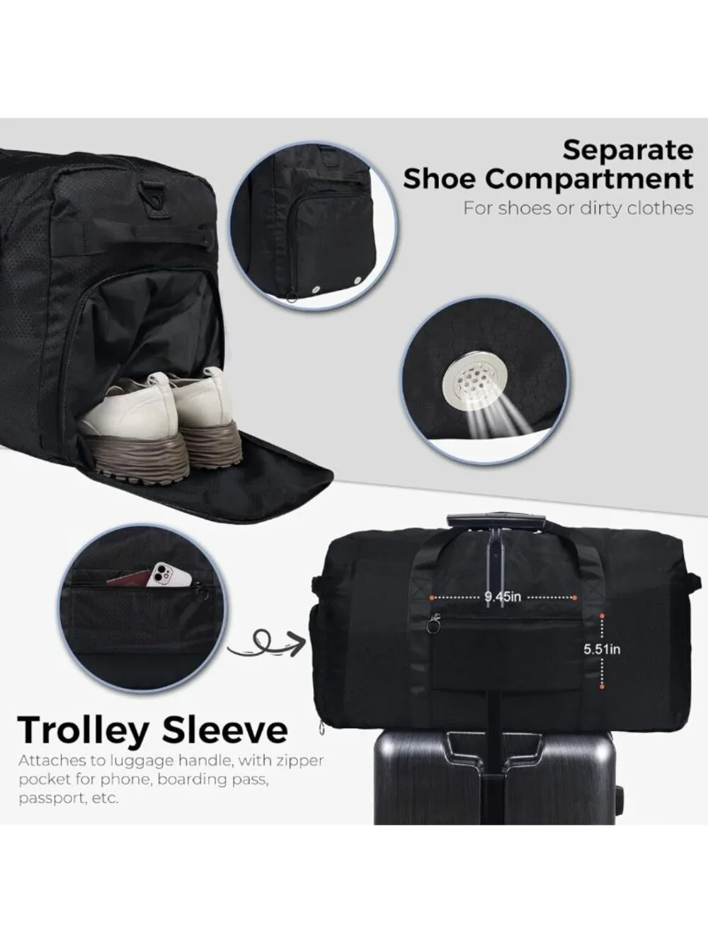 Large 65L Foldable Duffle Bag with Shoe Compartment, Water-Resistant Travel Bag
